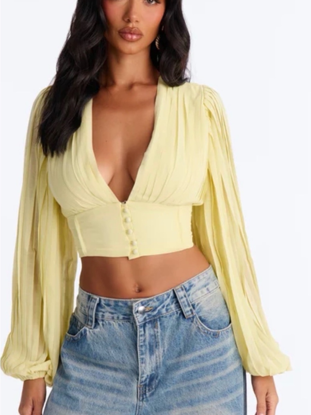 Fashion Nova soft pleated chiffon Yellow V-Neck Long Sleeve